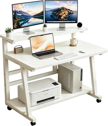31.5 Inch Compact Rolling Computer Desk with Tier Worktable & Lockable Wheels, Small Computer Desk, Small Desk for Bedroom, Mobile Writing Workstation Easy Assembly for Home Office Small Spaces