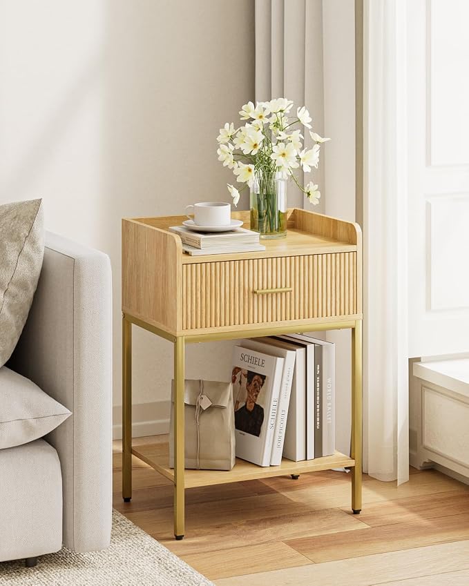 Nightstand, 3-Tier Bed Side Table, Small End Table, Night Stand with Open Shelf and Drawer, Bedside Table for Bedroom, Living Room, Oak