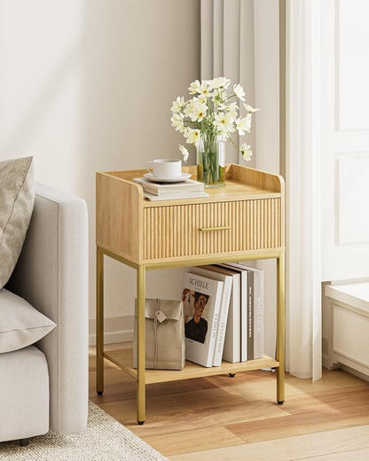 Nightstand, 3-Tier Bed Side Table, Small End Table, Night Stand with Open Shelf and Drawer, Bedside Table for Bedroom, Living Room, Oak