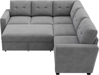 HONBAY 83.4 Inch U-Shaped Sectional Sleeper Sofa with Pull-Out Bed, 5-Seater Sectional Sofa for Living Room, Pet-Resistant Fabric Couch, Grey