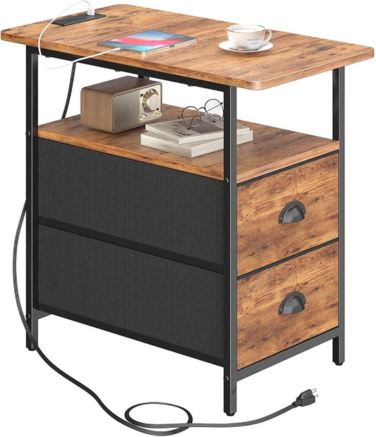 sthmec End Table with Charging Station, Narrow Side Table with 2 Drawers, Nightstands with Drawers, USB Ports & Power Oulets,Slim Sofa Side Tables for Small Spaces,Living Room,Bedroom,Rustic Brown