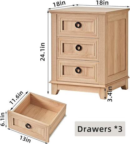 Joaxswe 18" Farmhouse Night Stand with 3 Drawers, Wood End Table for Bedroom, Natural Wood Nightstand, Bed Side Table with Metal Handle, Bedside Cabinet for Bedroom Living Room
