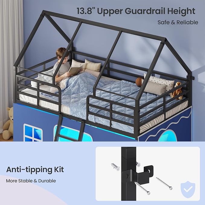 BTHFST Bunk Bed Twin Over Twin with Play Curtain, House Bunk Bed with LED Lights, Metal Boys Bunk Bed with Inclined Ladder and Guardrail, Space Saving, No Box Spring Needed, Royal Blue