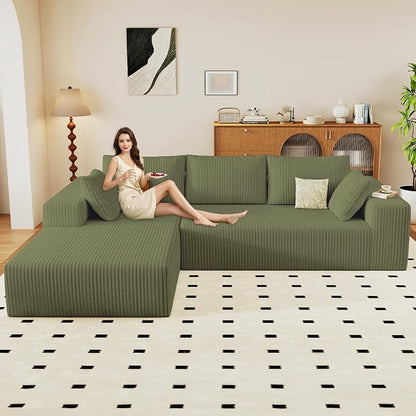 96" Modular Sectional Couch, Boneless L Shaped Cloud Sofa with Chaise Lounge, Corduroy Upholstered Couches Memory Foam Deep Seat, No Assembly Required, Ideal for Living Room(Green, Left Facing)