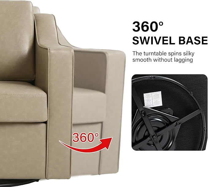 Swivel Accent Chair, Modern Round Barrel Arm Chair for Living Room, Bedroom, Comfy Club Reading Chairs for Adults (Leather Cream, Set of 1)