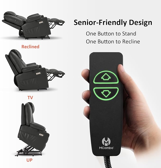 MCombo Power Lift Recliner Chair for Elderly R7042(Grey, Small-Wide) | Heat and Massage, Breathable Faux Leather, USB& Type C Charging Port, FSC Certified