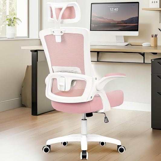 NEO CHAIR Ergonomic Office Desk Chair High Back Computer Gaming Mesh Chair with Comfy Task Adjustable Arms Lumbar Support Headrest Swivel for Home Office (Pink)