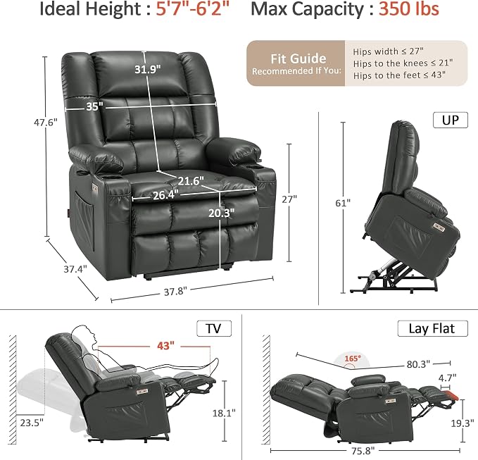 MCombo Dual Motor Power Lift Recliner Chair for Elderly, Lay Flat Lift Chair with Heat and Massage, Oversized Lift Recliner for Big and Tall, Faux Leather R7891 (Grey, Large-Wide)