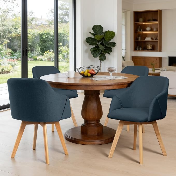 Swivel Dining Chairs Set of 4, Mid Century Modern Dining Chairs with Arms and Wood Legs, Linen Fabric Upholstered Kitchen Chairs for Dining Room Living Room, Comfortable Widen Seat, Blue