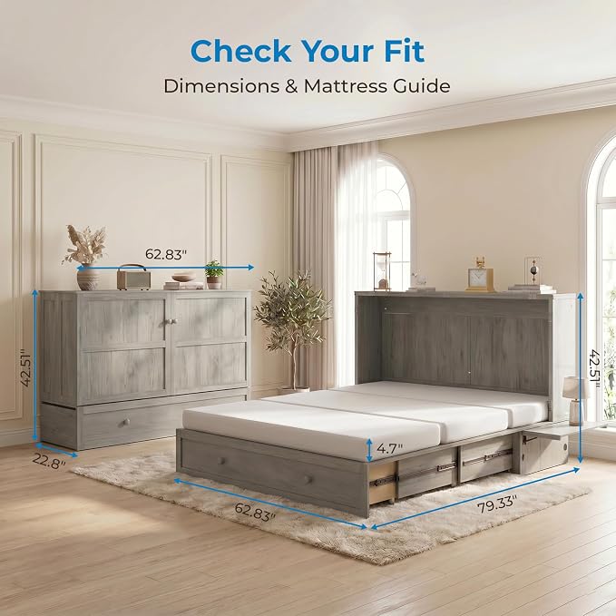 Mjkone Queen Murphy Bed Cabinet with Tri-fold Mattress, Cabinet Bed with Built-in Charging Station, Storage Drawer, Solid Wood Cabinets Bed, Cube Murphy Chest Beds for Guest Room, Home, Office, Grey