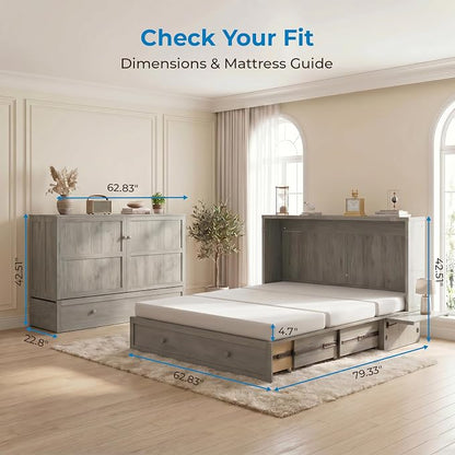 Mjkone Queen Murphy Bed Cabinet with Tri-fold Mattress, Cabinet Bed with Built-in Charging Station, Storage Drawer, Solid Wood Cabinets Bed, Cube Murphy Chest Beds for Guest Room, Home, Office, Grey