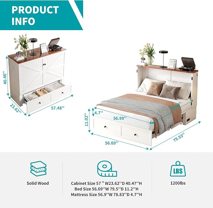 BALUS Queen Size Murphy Bed, 64" W Cabinet Bed with USB Charging Station & Storage Drawer, Queen Cabinet Beds for Living Room, Apartment, Home Office, Bedroom, White-Brown