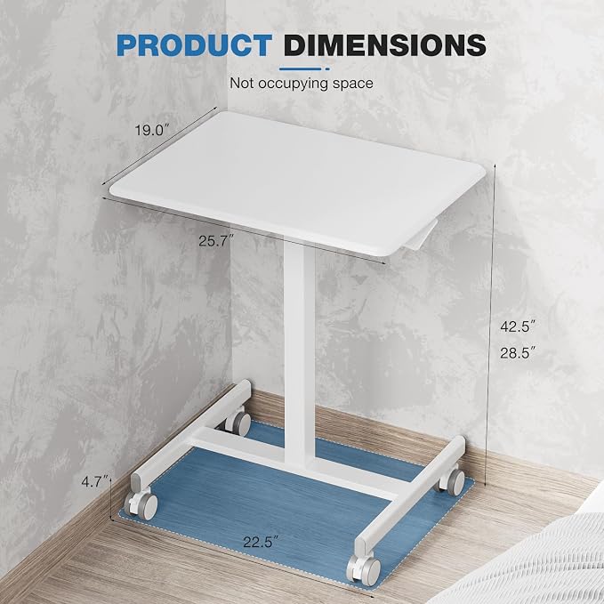 OLIXIS Mobile Standing Desk with Wheels Small Rolling Laptop Desks Portable Pneumatic Adjustable Height Sit Stand Table Computer Workstation for Home Office White