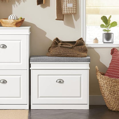 SoBuy Tiny Shoe Storage Bench, Narrow Shoe Cabinet for Entryway, Small Shoe Rack with Cushion&2 Tiers Flip-Drawer, Closet Hallway Mudroom White FSR82-K-W