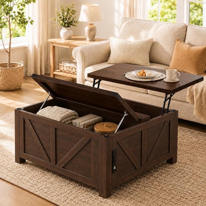 Simple Deluxe Lift Top Coffee Table with Storage, 35.5" Square Coffee Tables for Living Room, Farmhouse Coffee Table with Power Outlets, Coffee Tables with Lifting Top for Living Room (Brown)