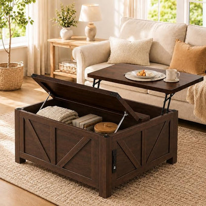Simple Deluxe Lift Top Coffee Table with Storage, 35.5" Square Coffee Tables for Living Room, Farmhouse Coffee Table with Power Outlets, Coffee Tables with Lifting Top for Living Room (Brown)