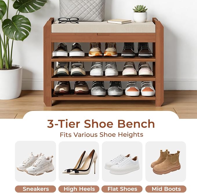 27.6" Bamboo Shoe Bench with Cushion, 5 Hooks Coat Rack, 3-Tier Adjustable Storage Bench for Entryway, Heavy Duty Shoe Rack Organizer with Removable Soft Cushion for Living Room Bedroom Hallway