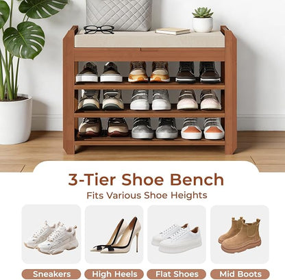 27.6" Bamboo Shoe Bench with Cushion, 5 Hooks Coat Rack, 3-Tier Adjustable Storage Bench for Entryway, Heavy Duty Shoe Rack Organizer with Removable Soft Cushion for Living Room Bedroom Hallway