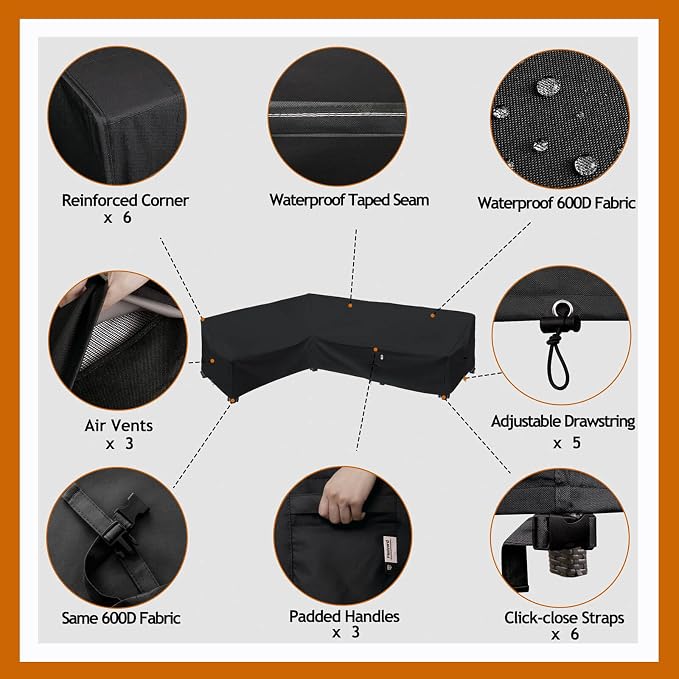 Heavy Duty Outdoor Sectional Sofa Cover, 83"X115" L Shaped Waterproof 600D Patio Sectional Couch Cover, Lawn Patio Furniture Cover (Midnight Black, L-Shaped-Left Facing-83 x115)
