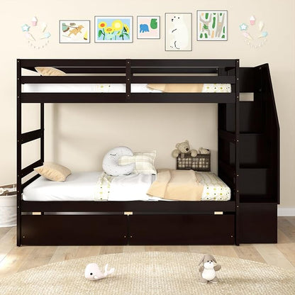 KOMFOTT Wood Twin Over Twin Bunk Bed with Storage Drawers & Stairs, Bunk Beds with Bookcase & Safety Guardrail, Solid Wood Slatted Bunk Bed for Kids Teens Adults, No Box Spring Needed (Espresso)
