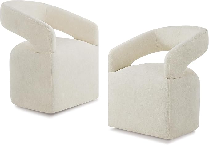 KISLOT Upholstered Dining Chairs Set of 2, Modern Rolling Dining Chairs with Hidden Casters, Arm Kitchen Chairs with Linen Look Fabric, Padded Barrel Chairs for Dining Room, Kitchen, Cream Beige