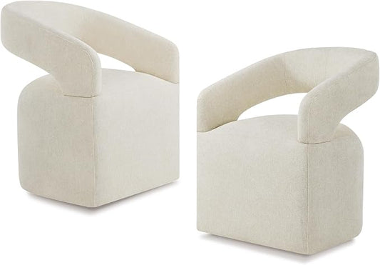 KISLOT Upholstered Dining Chairs Set of 2, Modern Rolling Dining Chairs with Hidden Casters, Arm Kitchen Chairs with Linen Look Fabric, Padded Barrel Chairs for Dining Room, Kitchen, Cream Beige