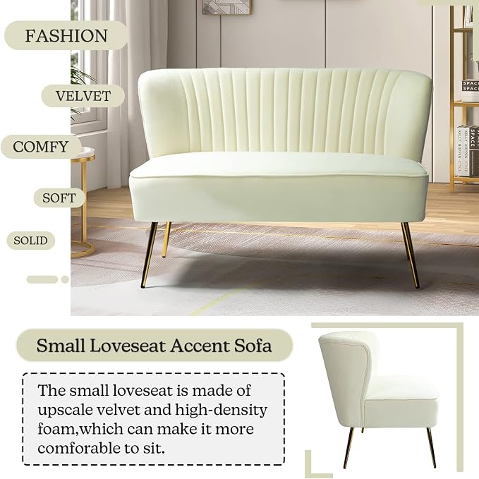 TINA'S HOME Contemporary Velvet Loveseat Sofa, Upholstered Loveseat Couch with Golden Metal Legs, Small Tufted 2-Seat Sofa Armless Love Seat for Living Room, Bedroom, Apartment Small Spaces, Ivory