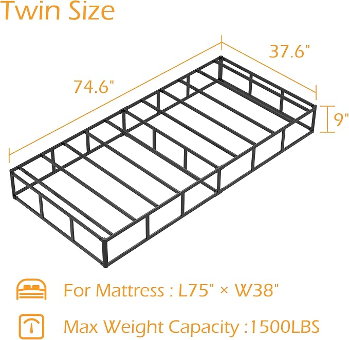 Maenizi Twin Box Spring 9 Inch, Heavy Duty Metal Box Spring Bed Base with Fabric Cover, Mattress Foundation, Easy Assembly, Noise Free, Black