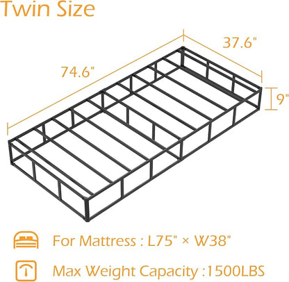 Maenizi Twin Box Spring 9 Inch, Heavy Duty Metal Box Spring Bed Base with Fabric Cover, Mattress Foundation, Easy Assembly, Noise Free, Black