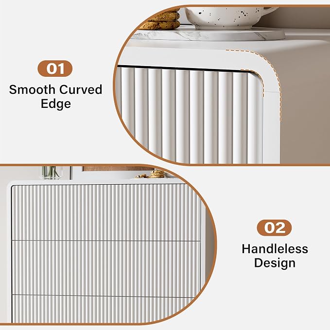 Furniway Bedroom Dresser Set 3 Piece, 5 Drawer Curved Dresser with 2 Nightstands, Modern Fluted Wood Storage Cabinet, White Chest of Drawers with Pop-Up Design, White