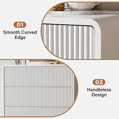Furniway Bedroom Dresser Set 3 Piece, 5 Drawer Curved Dresser with 2 Nightstands, Modern Fluted Wood Storage Cabinet, White Chest of Drawers with Pop-Up Design, White