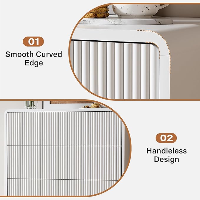 Furniway 3 Piece Bedroom Dresser Set, 5 Drawer Dresser with 2 Nightstands, Fluted Chest of Drawers with Pop-Up Design, Modern Storage Furniture for Bedroom, Living Room, Entryway, White