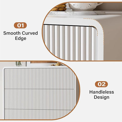 Furniway 3 Piece Bedroom Dresser Set, 5 Drawer Dresser with 2 Nightstands, Fluted Chest of Drawers with Pop-Up Design, Modern Storage Furniture for Bedroom, Living Room, Entryway, White