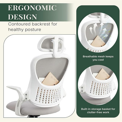 Ergonomic Office Chair, Comfy Desk Chair with Wheels, Adjustable Headrests, Flip-Up Armrests, Breathable Mesh High-Back, Comfortable Swivel Seating for Home Computer, Grey