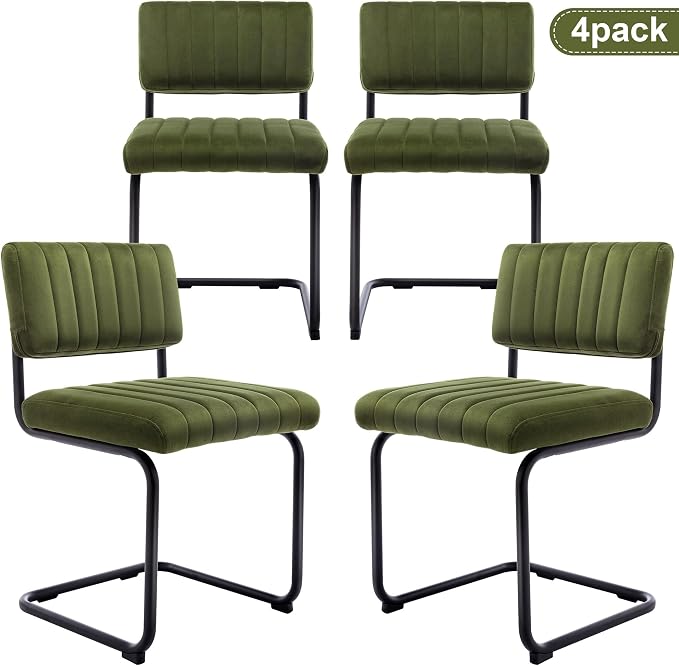 ONEVOG Mid Century Modern Dining Chairs Set of 4, Green Velvet Kitchen Chairs with Tufted Backs, Upholstered Wide Seat, Armless Cantilevered Chairs with Metal Legs for Kitchen Living Room