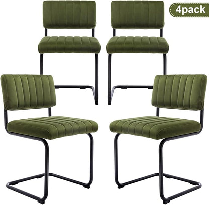 ONEVOG Mid Century Modern Dining Chairs Set of 4, Green Velvet Kitchen Chairs with Tufted Backs, Upholstered Wide Seat, Armless Cantilevered Chairs with Metal Legs for Kitchen Living Room