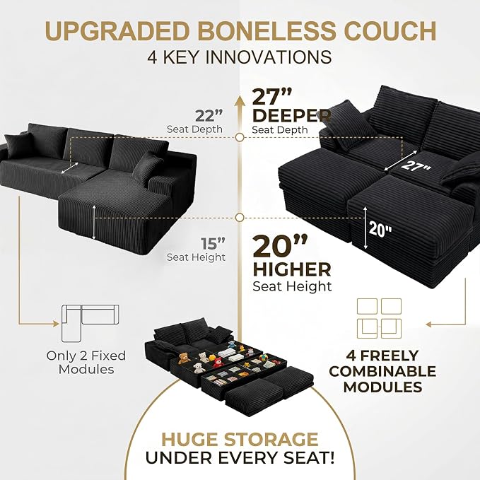 Upgrade Boneless Couch with Storage, Extra Deep&High Seat Modular Sectional Sofa 2 Seater Loveseat Sofa with Ottoman, Tool-Free Assembly Sectional Couches for Living Room Bedroom Apartment