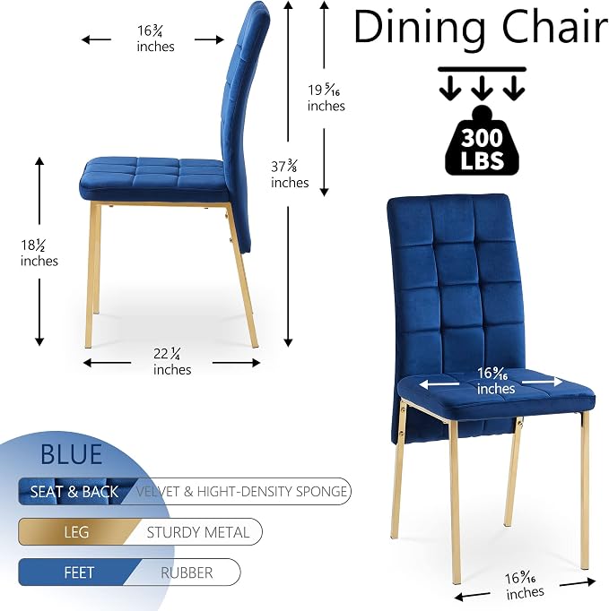 NORDICANA Upholstered Velvet Dining Chairs Classic Kitchen High Back Chairs Set of 4, Featured Dovetail Tufted Side Chairs, Golden Color Metal Legs, Navy Blue