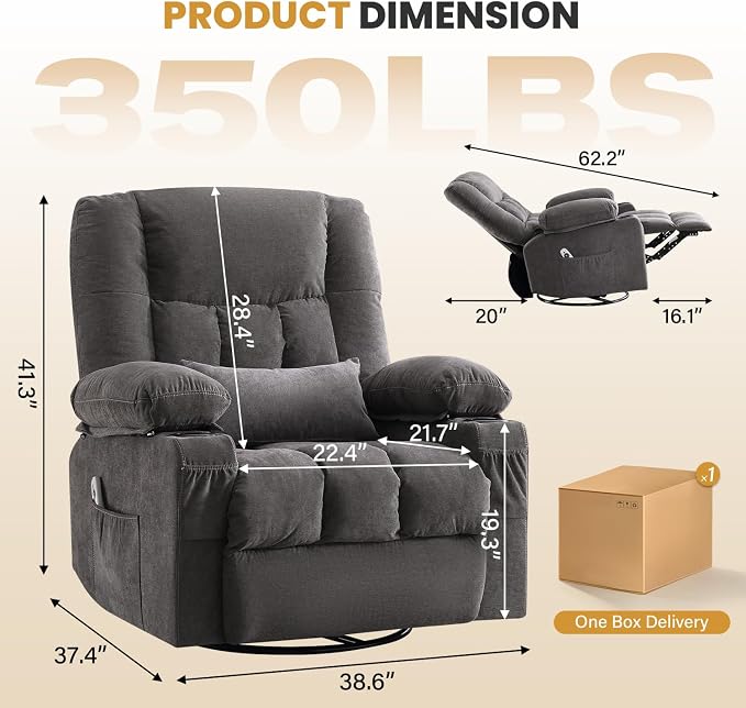 Swivel Recliner Chair for Adults with Vibration Massage and Lumbar Heat , Oversized Ergonomic Rocking Chair for Living Room and Bedroom, Featuring Side Pocket, 2 Cup Holders & USB Charge Port