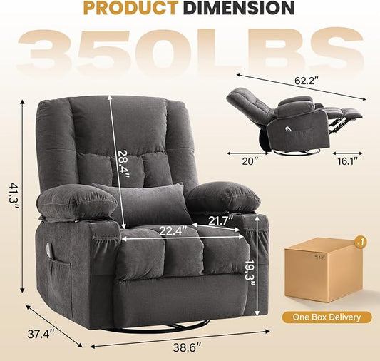 Swivel Recliner Chair for Adults with Vibration Massage and Lumbar Heat , Oversized Ergonomic Rocking Chair for Living Room and Bedroom, Featuring Side Pocket, 2 Cup Holders & USB Charge Port