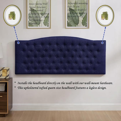 24KF Upholstered Tufted Button Wall Mounted Linen Headboard,Comfortable Fashional Headboard Queen/Full Size,6055-Q-Navy Blue