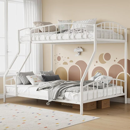 GarveeHome Metal Bunk Bed Twin Over Full, Heavy Duty Bunkbeds Frame with Arched Guardrail and Safety Ladder, Sturdy Steel Bed for Kids Boys Girls, Space-Saving, No Box Spring Needed, White