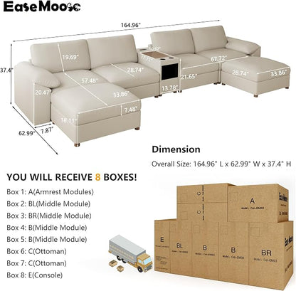 EASE MOOSE Leather Sectional Couch with Console, Oversized Modular Sectional Sofas, Wide Deep Seat Modular Couch, Scratch Resistant Faux Leather Material, U Shaped Sofa for Big Spaces,Beige