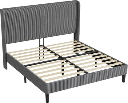 AMERLIFE King Bed Frame, Upholstered Platform Bed with Corduroy Headboard, Easy Assembly Modern Grey Bed Frame with Wooden Slats Support, No Box Spring Needed