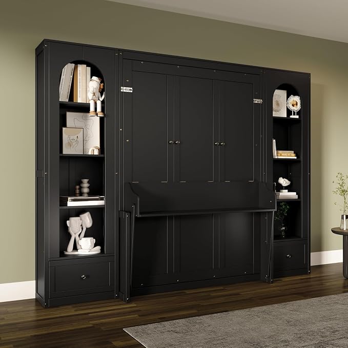 MERITLINE Queen Murphy Bed with Desk and Storage & LED Light, Solid Wood Hideaway Murphy Wall Bed with Storage Shelves Bookcase and Drawers for Adults Bedroom Office Library (Queen,Black)