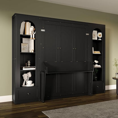 MERITLINE Queen Murphy Bed with Desk and Storage & LED Light, Solid Wood Hideaway Murphy Wall Bed with Storage Shelves Bookcase and Drawers for Adults Bedroom Office Library (Queen,Black)
