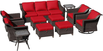 11 Pieces Patio Conversation Furniture Set - 1 Sofa, 4 Ottomans, 4 Swivel Chairs, 2 Side Tables, Outdoor Wicker Furniture with Removable Cushions for Porch, Balcony, Sunroom (Red)