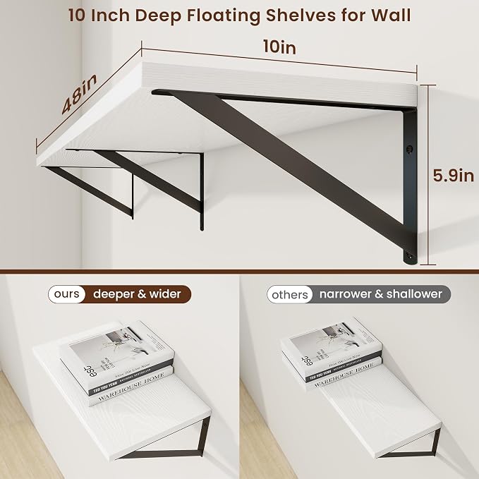 Axeman 48 Inch Floating Shelves | 10 Inch Deep White Wall Shelves Set of 2 | 48" W x 10" D White Wood Floating Shelves for Living Room Bathroom Kitchen