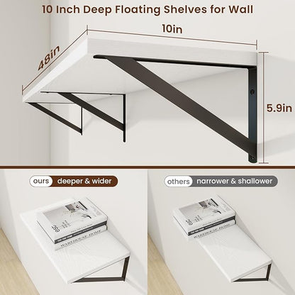 Axeman 48 Inch Floating Shelves | 10 Inch Deep White Wall Shelves Set of 2 | 48" W x 10" D White Wood Floating Shelves for Living Room Bathroom Kitchen