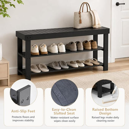 Shoe Rack Bench, 3-Tier Shoe Storage Organizer for Entryway , Shoe Shelf for Small Spaces, Multi-Functional Side Table Plant Stand, Shoe Stand for Bedroom, Living Room, Closet, Front Door, Black